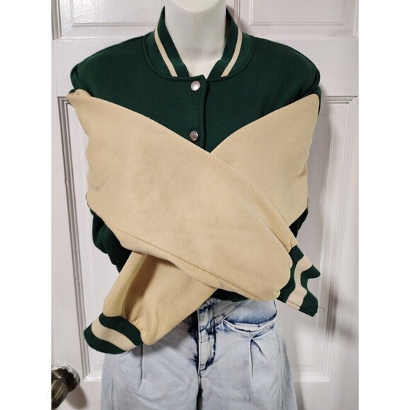 Shein Colorblock Drop Shoulder Crop Varsity Jacket Dark Green - Picture 5 of 9